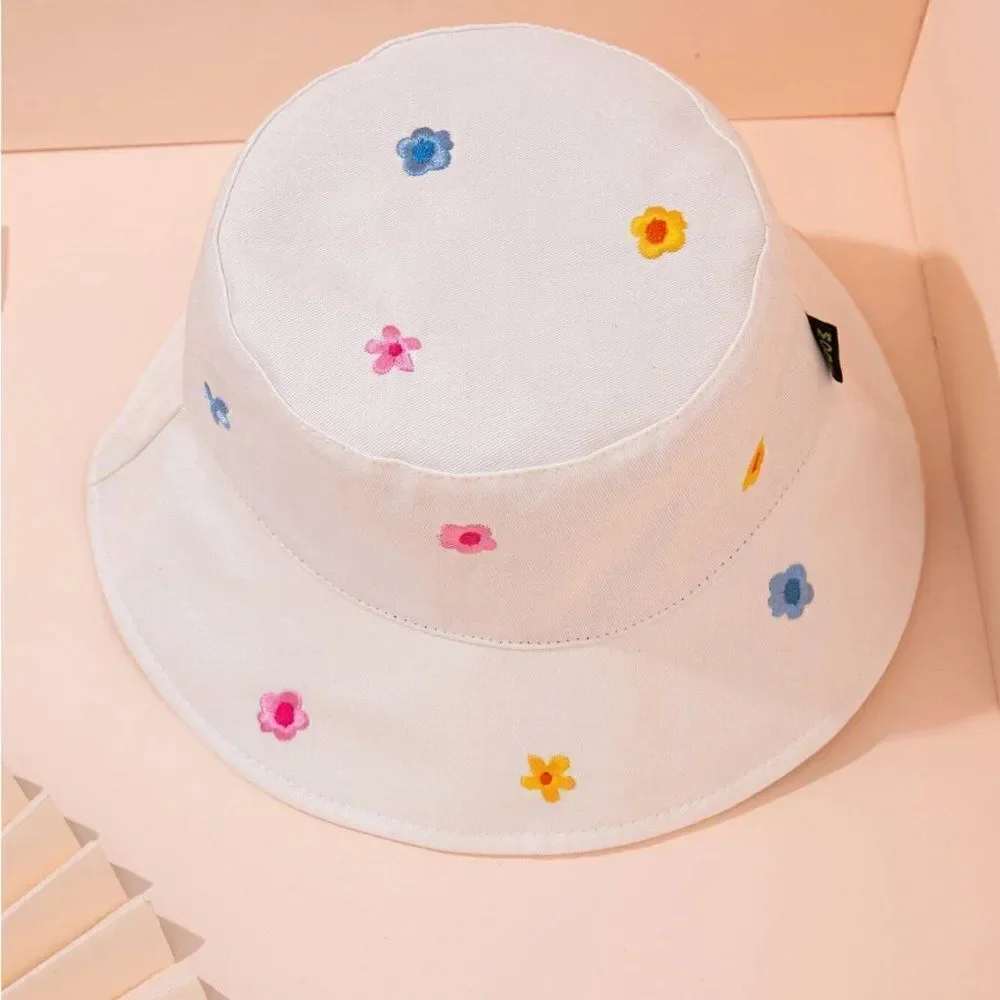 White Flower Embroidered Bucket Hat
